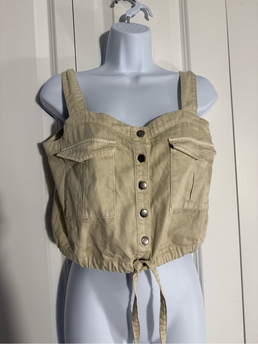 Free People Khaki Button-Front Drawstring Crop Camisole - Picture 3 of 7